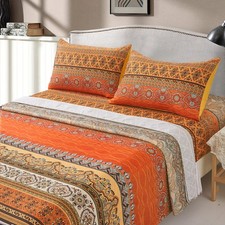 Boho Orange Sheets Set Queen Size 4 PCS Colorful Bohemian Striped Bedding Sh...