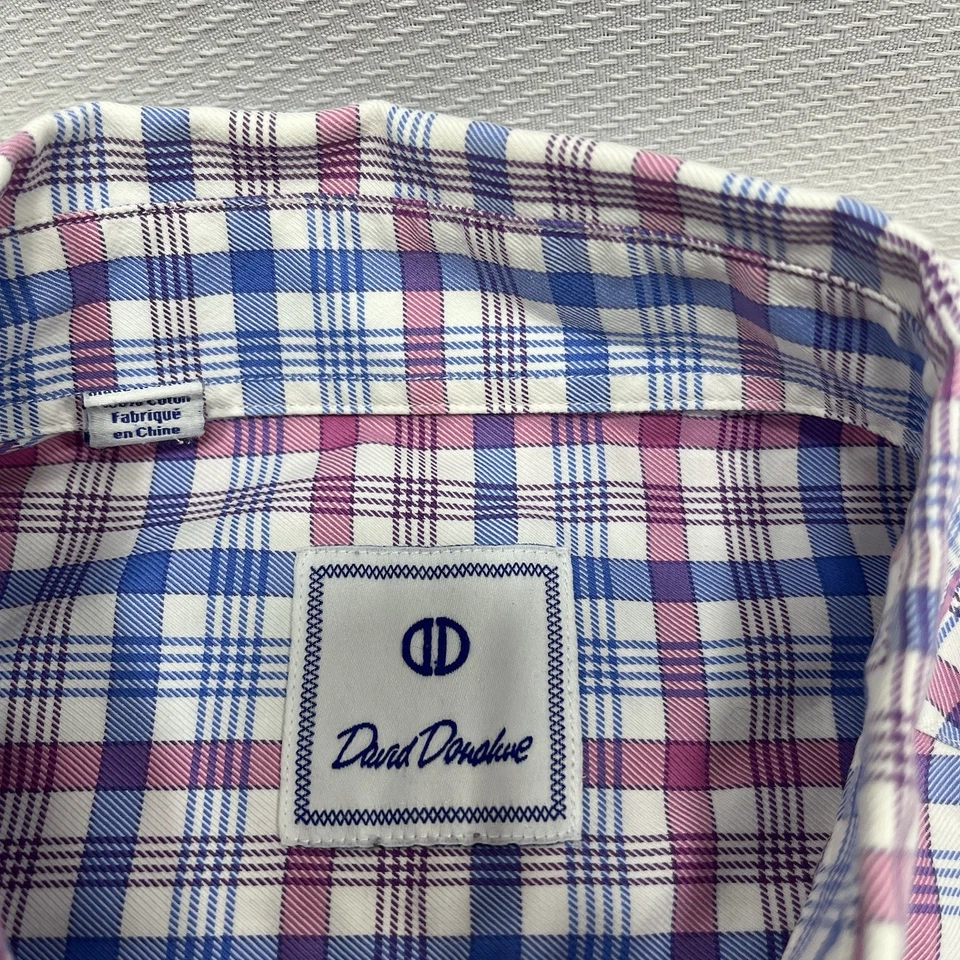 David Donahue Shirt Mens Small Blue Pink Plaid Long Sleeve Button Up Dress Shirt - Image 3 of 4