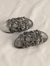 Pair Of Vintage Musi Shoe Buckles Mother Of Pearl, Silver Tone, And Rhinestone
