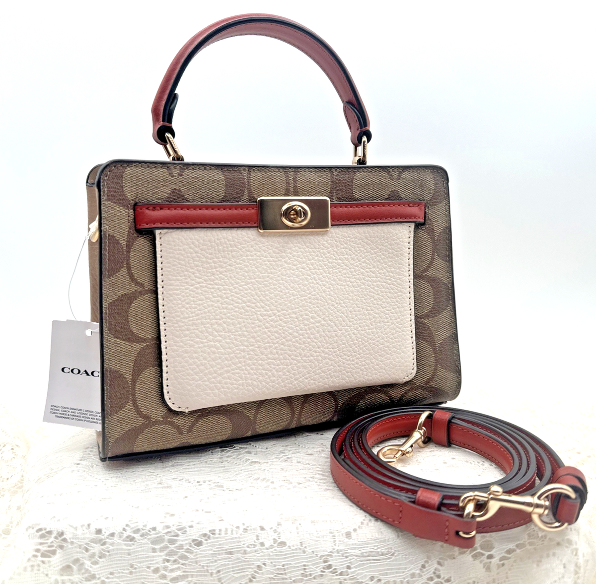 Coach Signature ColorBlock Leather Mini Top Handle Bag Khaki Chalk