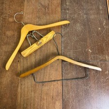 Pair 2 vintage solid wood  metal adult standard clothes hangers advertising