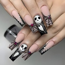 24pcs Halloween Skull Spider Web French Press on Nails Full Cover False Nails