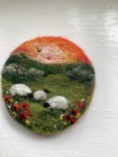 NEEDLE FELT BROOCH THREE SHEEP UNDER AUTUMN SKY IN POPPYFIELD