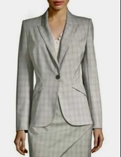 Elie Tahari Light Gray And White Plaid Single Button Faux Pockets Blazer Size 8