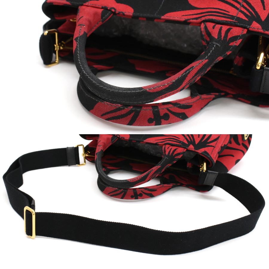 Prada Hibiscus Pattern Canapa Mini 2way Tote Bag B2439B Canvas Black Red PRADA f thumbnail 7