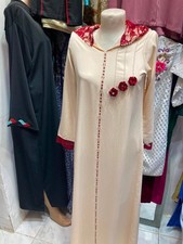 Elegant Women  s Moroccan Djellaba Cream Linen Red Lace Floral Hooded Kaftan M