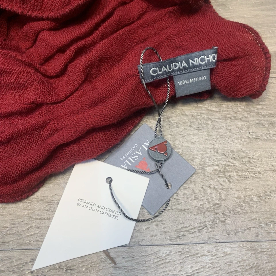 Bufanda Claudia Nichole Alashan cachemir 100 % merino borde volantes rojo oscuro nueva con etiquetas Foto 4 de 4