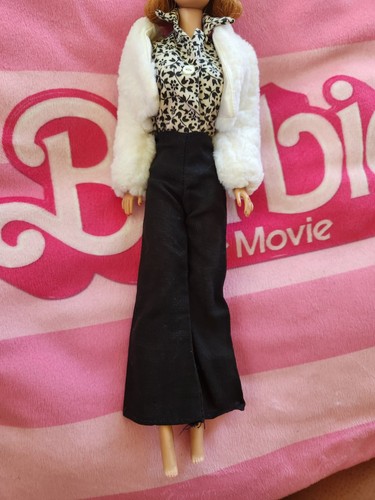 Vintage Barbie Outfit Mattel Pak Black & White Body Blouse, Fur And Bell Bottoms