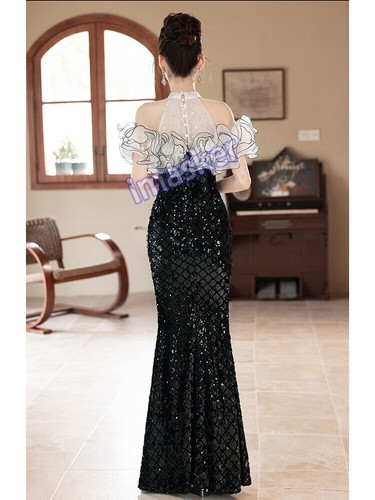 Black Evening Dress Luxury Fish Tail Sequin Flash Hanging Neck OneShoulder Dress - Picture 6 of 31