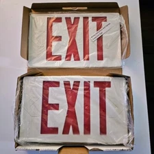 LED EXIT Sign Lighting Fixture White Housing Red Lettering Backup Battery NIB