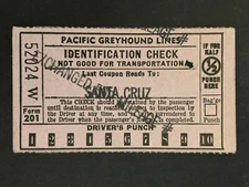 Pacific Greyhound Bus Lines I.D. Check / Ticket "Santa Cruz" 52024 c1945-1955
