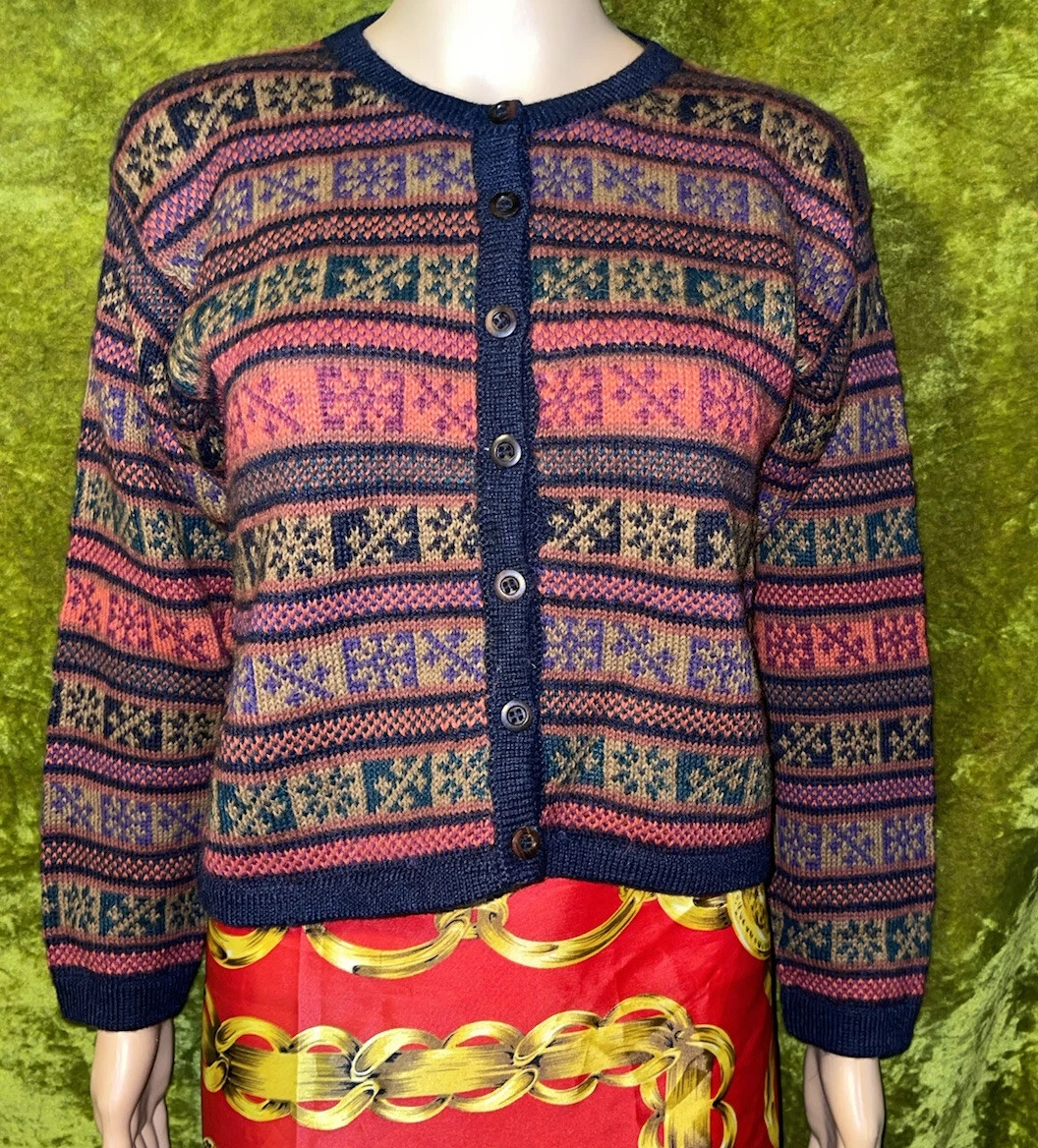 L.A.M.Hand-loomed Bolivia 100% Alpaca Fair Isle Aztec Cropped Cardigan Sweater M