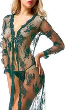 Women Sexy Lingerie See Through Lace Dress Sleepwear Sheer Kimono Robe Nightwear