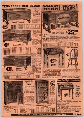 1932 Sears Western States Catalog Pg 609-610 Cedar Chest Desk Bookshelf Chairs