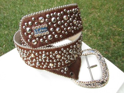B.B. Simon Brown Pony Hair Crystal Studded Hipster Wide Belt  display picture 1