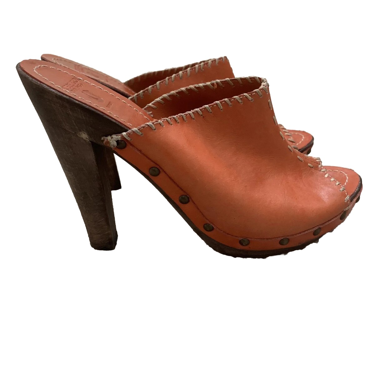 TRUE RELIGION 7.5 orange Heels leather retro 90s Y2K clogs mules