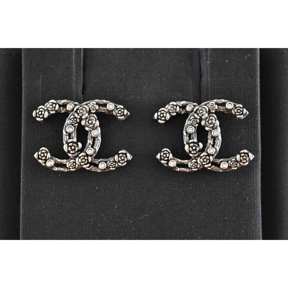 Chanel 22C Ruthenium Crystal Camellia CC Logo Large Statement Drop Stud  Earrings