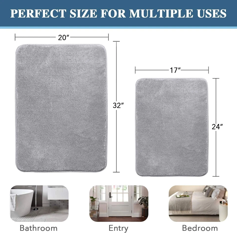 Juego de alfombrillas de baño aterciopeladas contemporáneas - Paquete de 2 alfombras antideslizantes de espuma viscoelástica suave, grises Foto 4 de 4