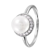 Sterling Silver Halo Ladies Ring w/ 7 mm Pearl CZ Stones