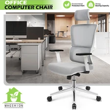 Grey[ADJUSTABLE HEADREST]Breathable Mesh Back Office Computer Chair Swivel Seat