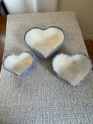 3 Piece Heart Shaped Pottery Dish, Blue and White.READ