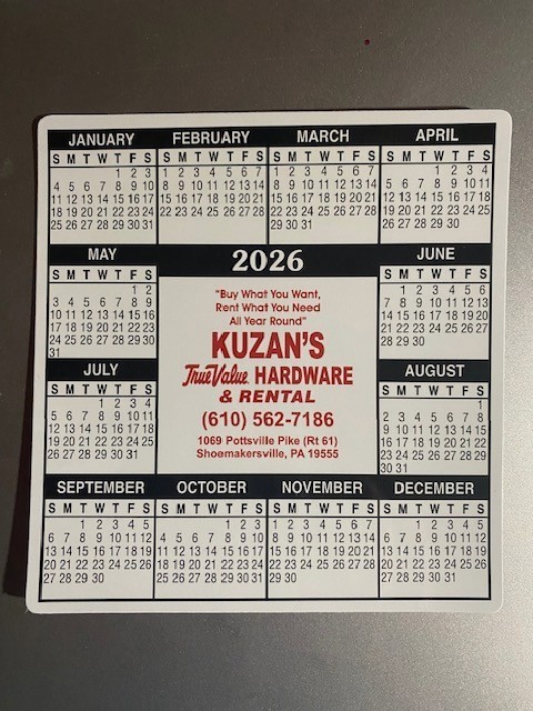 2026 Yearly Magnetic Calendar Card 5"x5" Local PA Advertising Kuzan's Hardware