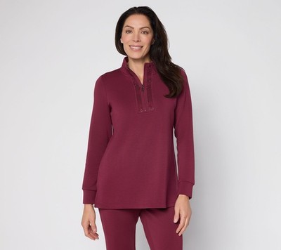 Belle by Kim Gravel Regular ScubaLuxe Sparkle Half-Zip Tunic Zinfandel M New