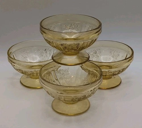 4 Vintage Federal Glass Sharon Amber Yellow Cabbage Rose Dessert Glasses💛