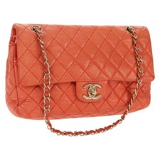 Chanel Vintage Classic Double Flap Bag Quilted Lambskin Orange Leather Shoulder