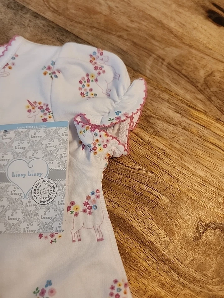Nuevo~ Kissy Kissy Bebé Niña Mono Corto Rosa Blanco Unicornio Jardín 0-3 Meses Foto 3 de 4