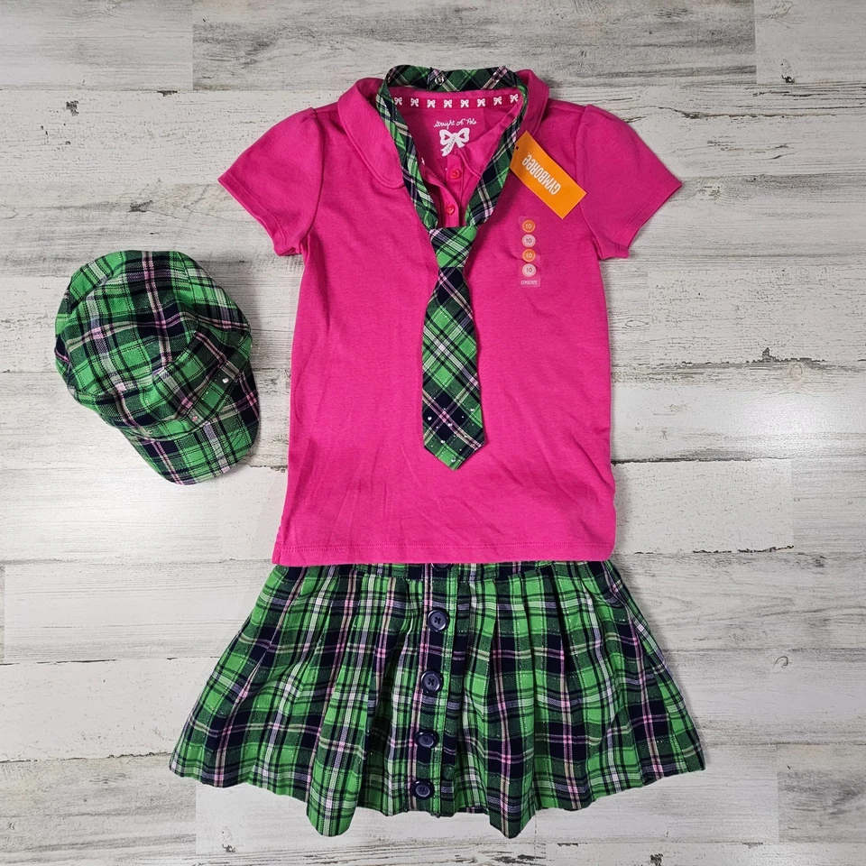 GYMBOREE /JUSTICE 10 Polo Rosa, Skort Xadrez Verde, Chapéu, Gravata NOVO - Imagem 2 de 4