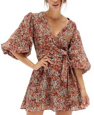MINKPINK Womens Gabae Printed Faux-Wrap Dress Size X-Small