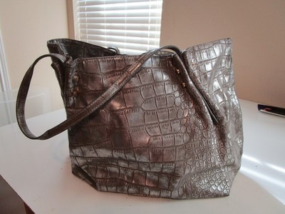 Kate Landry Tote Bag Womens Large Faux Croc Embossed Metallic Silver Purse Satch