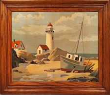Original Oil Painting PBN Craft Master Beach Scene with Lighthouse