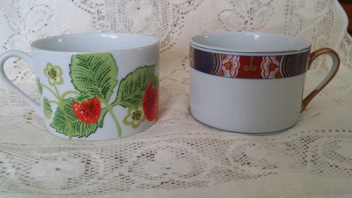 Lot of 2 Vintage Fitz & Floyd Flat Cups 1 Nishiki & 1 Wild Strawberry Pattern