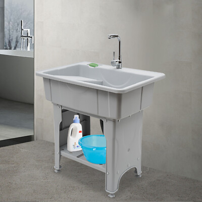 Spacious GrayUtility Sink Laundry Tub Freestanding Sink Wash Station W/ Faucet
