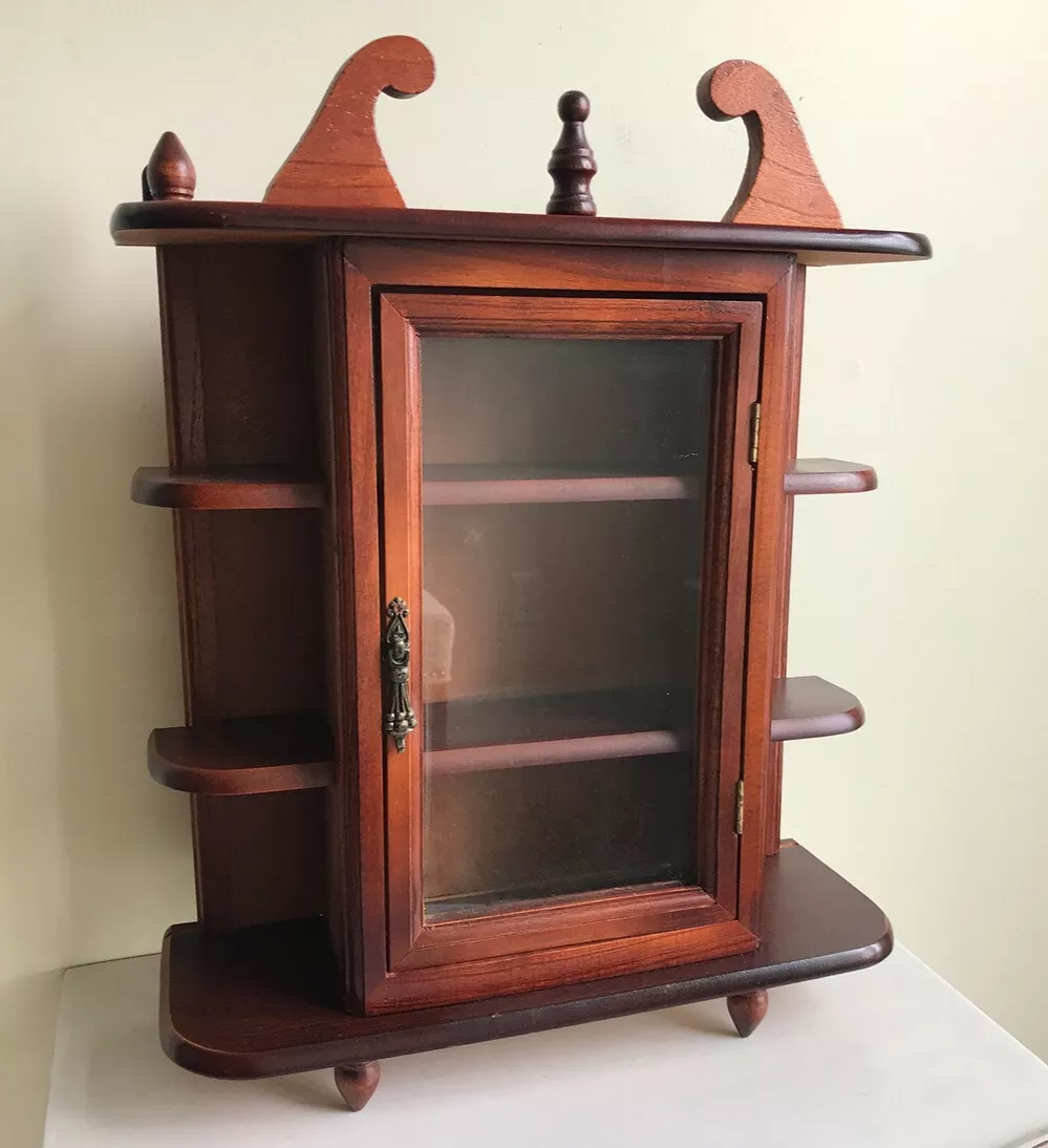 Vintage Curio Cabinet Wood Shelves Glass Door Footed Tabletop Wall Hanging 17