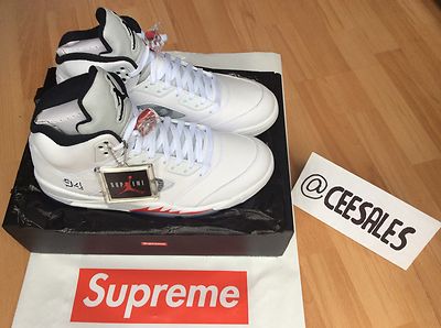 Supreme x Nike Air Jordan 5 2015 WHITE-VARSITY RED Retro V UK10