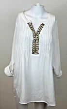 I.N. Studio Tunic Top Women's 1X White Roll Tab Sleeve Beads Gauzy Boho Cowgirl