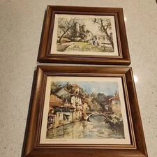 PAIR (2) French Impressionist Lucien Delarue Watercolor Paintings Wood Framed
