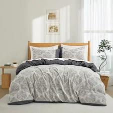 Dark Grey Damask Pattern Jacquard Gauze Cotton Duvet Cover Set, King or Queen