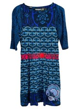 Desigual Women's Dress Blue Geometric Embriodered Floral Boat Neck Lined Size L