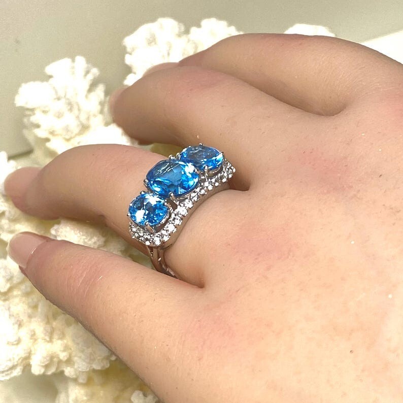 Sterling Silver Oval Cut Blue Topaz 3 Stone Engagement Ring For Women - Size 7
