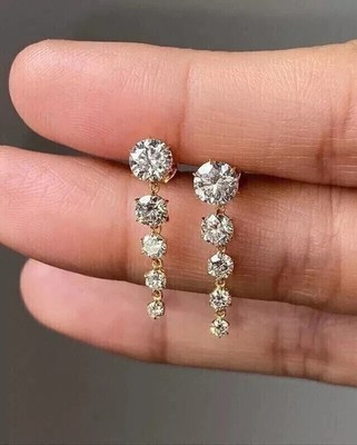 2Ct Round Cut Lab-Created Diamond Drop/Dangle Earrings In 14K Yellow Gold Plated