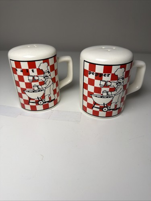 #ad #ad VTG B.B.Q. Barbecue Chef Salt and Pepper Shaker set Ceramic Red White Checked $15.00
