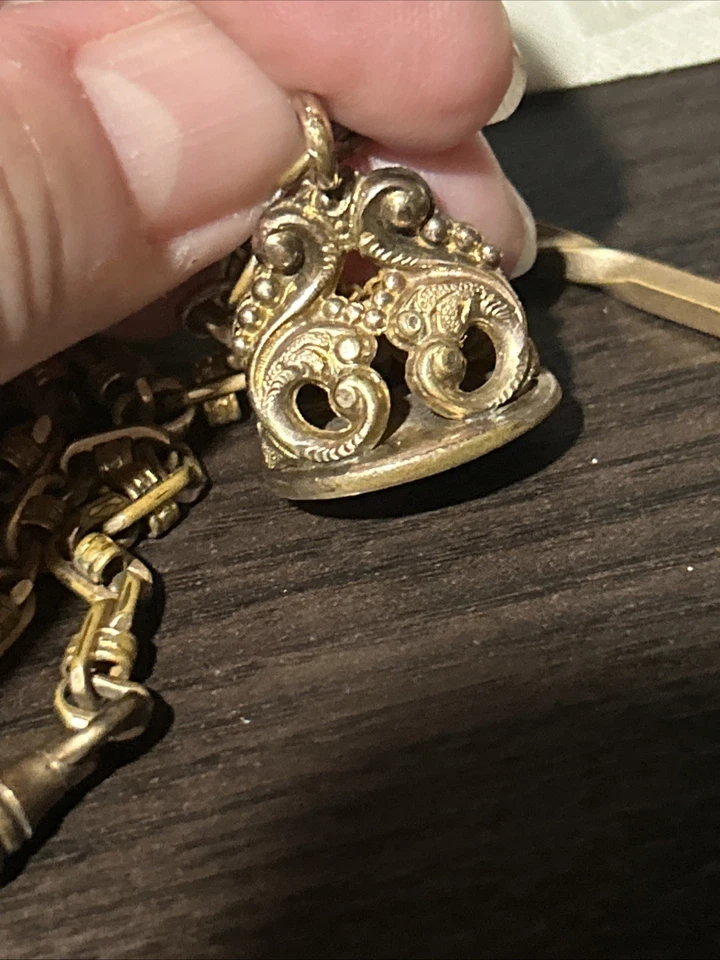Vintage Ornate JFSS Gold Filled Watch Chain T Bar With Gold Fill Wax Seal Fob - Image 4 of 4