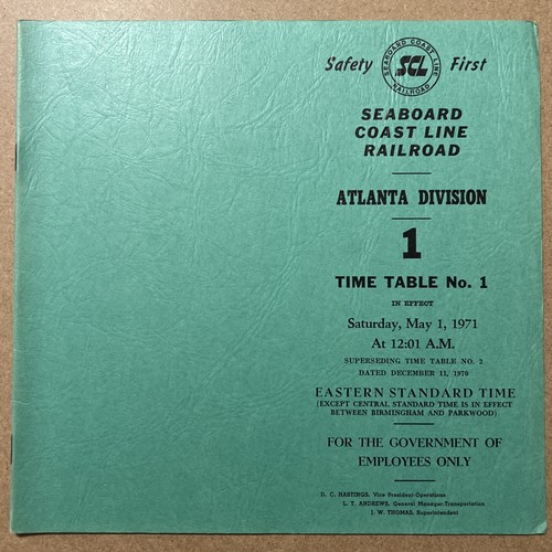 Seaboard Coast Line SCL Railroad Timetable #1  Atlanta Division 1971 Ephemera