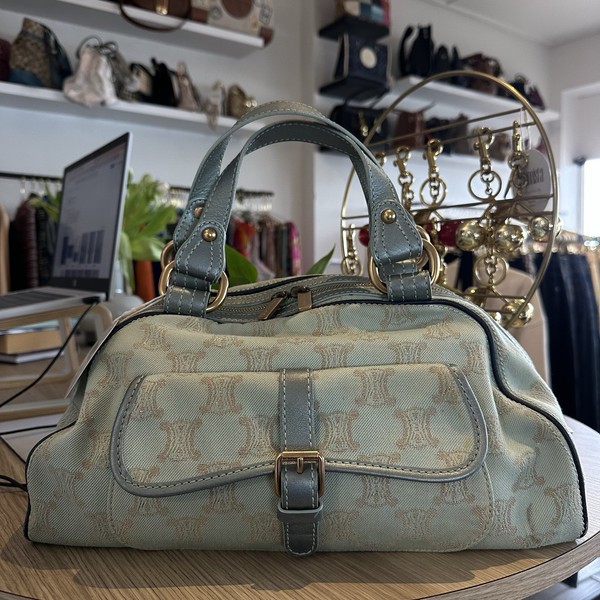 Celine C Vintage Macadam Canvas Leather Bowling Bag Light Blue Green Handbag