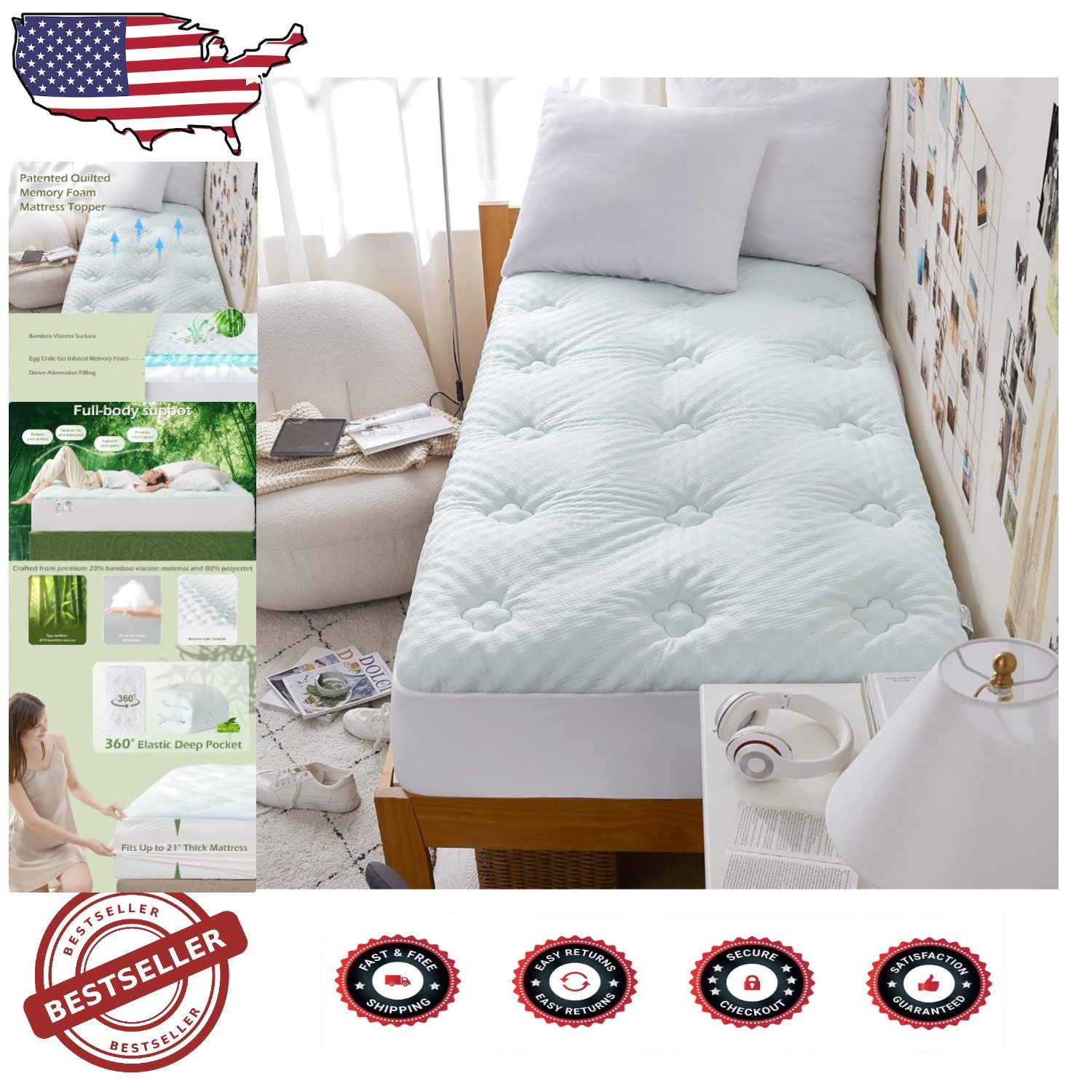 Twin Bamboo Viscose Mattress Topper with Memory Foam for Ultimate Comfort