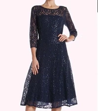 SL FASHIONS Size 16 Navy Blue Lace Overlay Fit & Flare Midi Dress MSRP $129.00